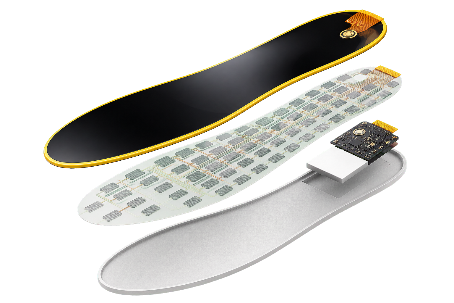 Exploded current black-and-yellow runpad smart pressure-sensing insole